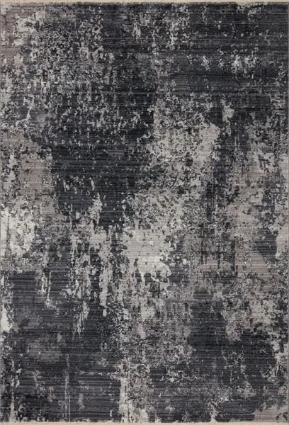 Overhead view of Samra rug showing full distressed abstract charcoal and silver pattern with varied texture