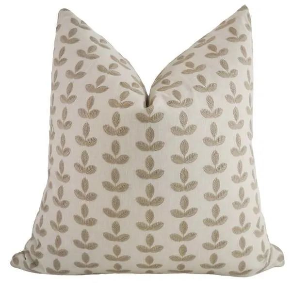Decorative square taupe pillow with white embroidered leaves on cotton-linen fabric