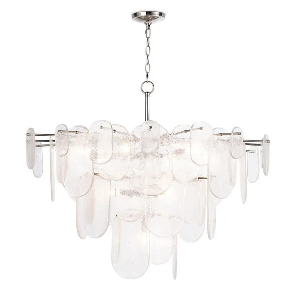 Echo Chandelier featuring overlapping elongated water glass panes with polished metal frame and a soft white glow