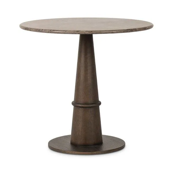 Goetz Bistro Table with round solid light grey marble top and brown oak tulip-shaped base