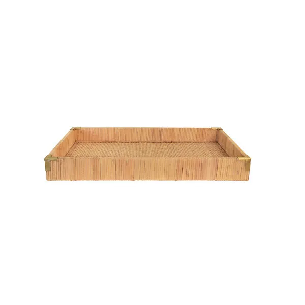 Rectangular handcrafted rattan tray with natural texture and brass corner accents, shallow walls
