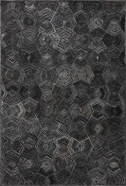 Prescott Charcoal Rug with tone-on-tone geometric pentagon patterns in shades of dark charcoal and high-low textured pile