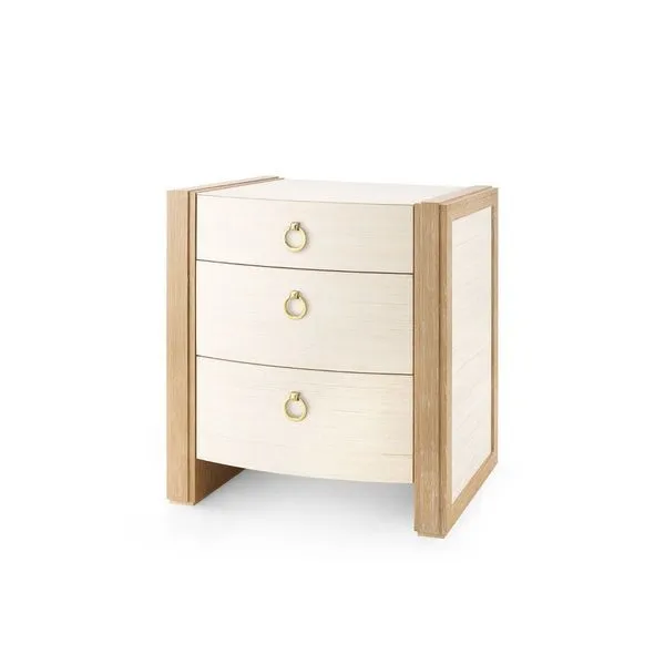 Albert 3-Drawer Side Table with curved bow-front drawers, cerused oak trim, and light natural shimmer grasscloth wrap