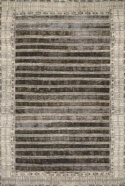 Mika Charcoal / Ivory Rug with dark charcoal horizontal stripes and textured tribal-inspired ivory border