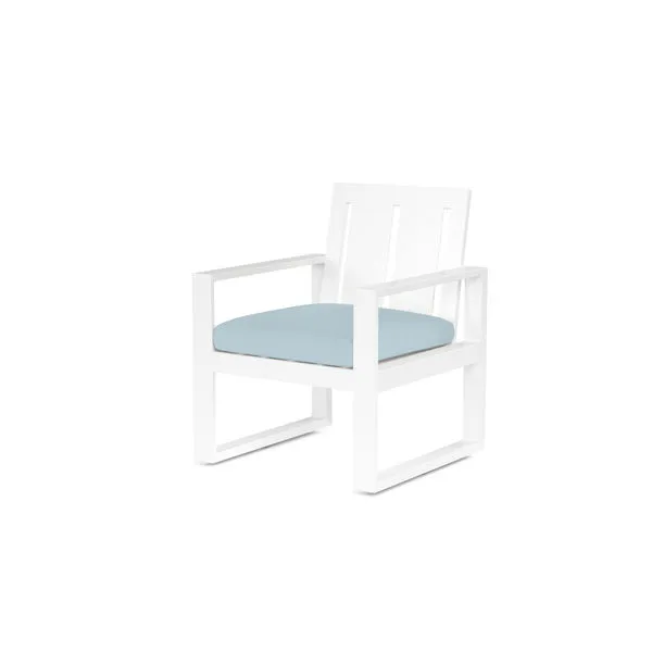 Newport Dining Chair with white powder-coated aluminum frame and light blue cushion, wide slat back and linear design