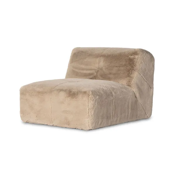 Armless accent chair with soft, shaggy pewter upholstery and a blocky modular silhouette for lounging