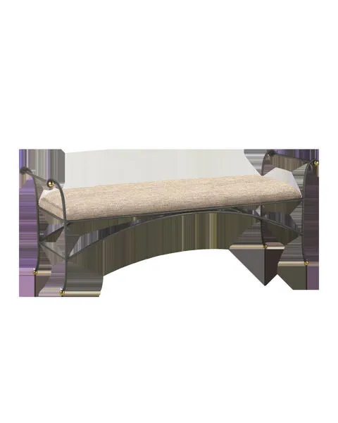 Mabel Bench with textured steel frame, light gold rub finish, polished brass ball feet and arm details, woven brown uphols...