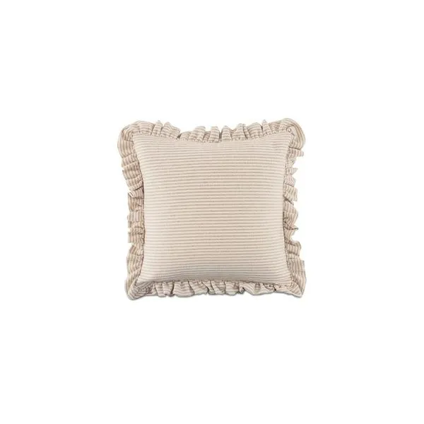 Square Betty Cushion with soft ruffled edge and linen-blend fabric in light neutral tones, with subtle horizontal stripes