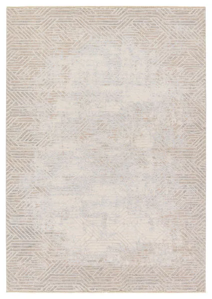 4x6 modern geometric area rug in tan, gray, rust, and brown with cream fringe and high-low pile texture