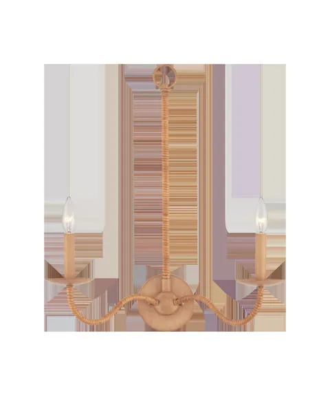 Saxon Double-Light Tan Wall Sconce with rattan wrapping and two candle-style bulbs
