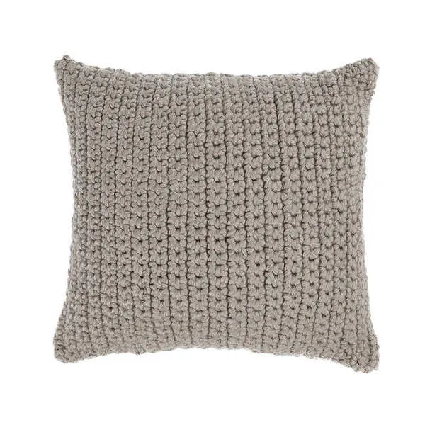 Square outdoor throw pillow with taupe handwoven knit pattern, thick texture, and soft finish