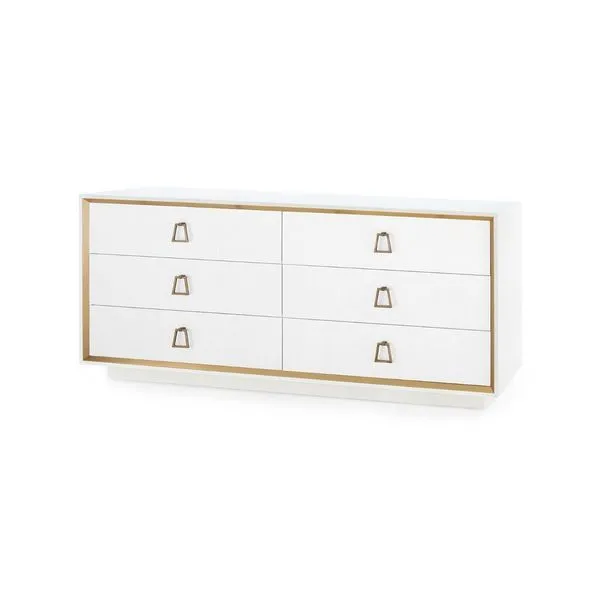 Extra large six-drawer cabinet with white lacquered linen finish and gold trim, modern vintage style