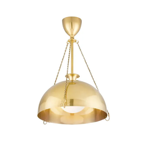 Small aged brass pendant light with dome-shaped shade, suspended by three chains from ceiling mount