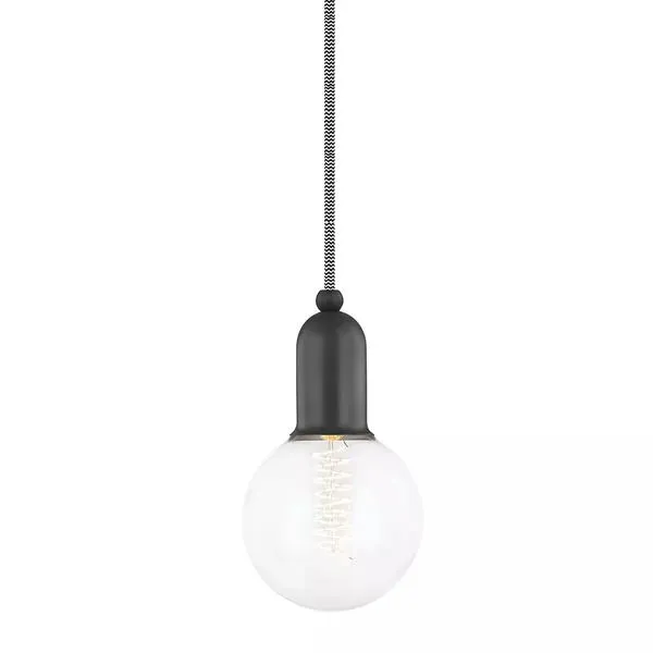 Bryce 1 Light Pendant with black steel socket and clear round bulb hanging from a black and white braided cord