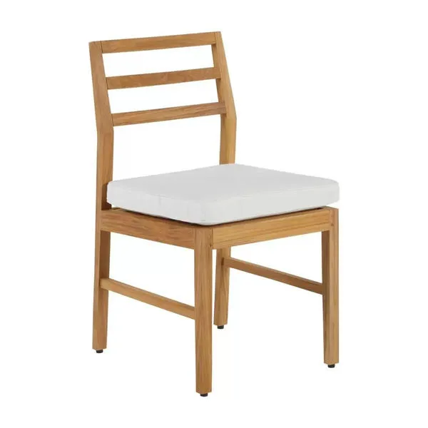 Santa Barbara Teak Side Chair with natural teak wood frame and white outdoor cushion