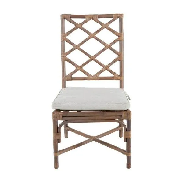 Front view showing the full lattice pattern and square cushion of the Kennedy Dining Chair