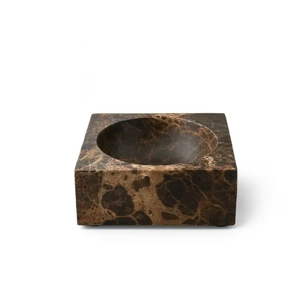 Square bowl with a deep round center, crafted from rich brown marble with warm veining and polished surface
