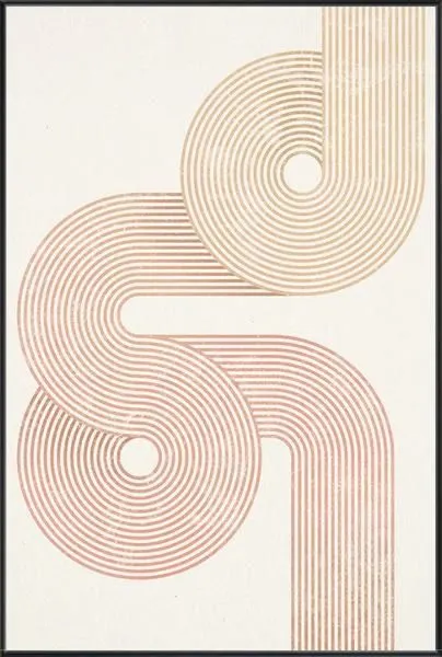 Abstract painting with interlocking concentric curved lines in soft beige and light brown on a white background framed in ...