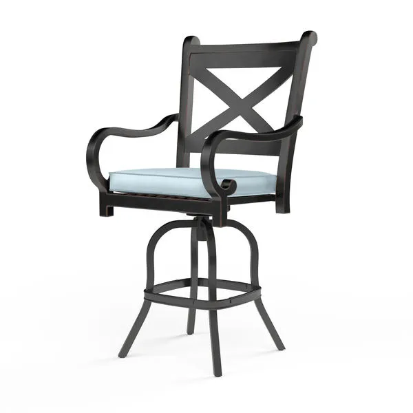 Monterey Counter Stool with espresso powder-coated aluminum frame, curved armrests, cross-back design, and light blue seat...