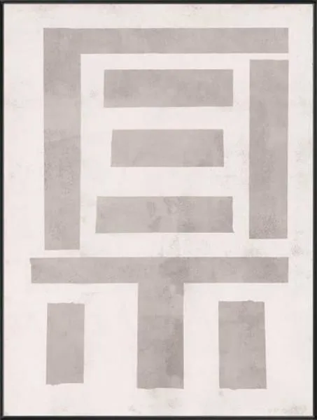 Abstract painting with geometric shapes in muted gray tones on a light background, 24 by 32 inches