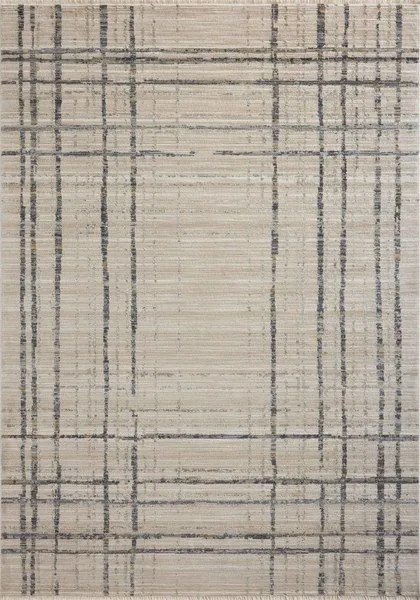 Beige area rug with an abstract modern linear plaid pattern in earth tones and distressed texture with fringed edges.