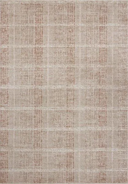 Flatweave area rug with a modern beige and sand plaid pattern, showcasing a textured, space-dyed polyester surface