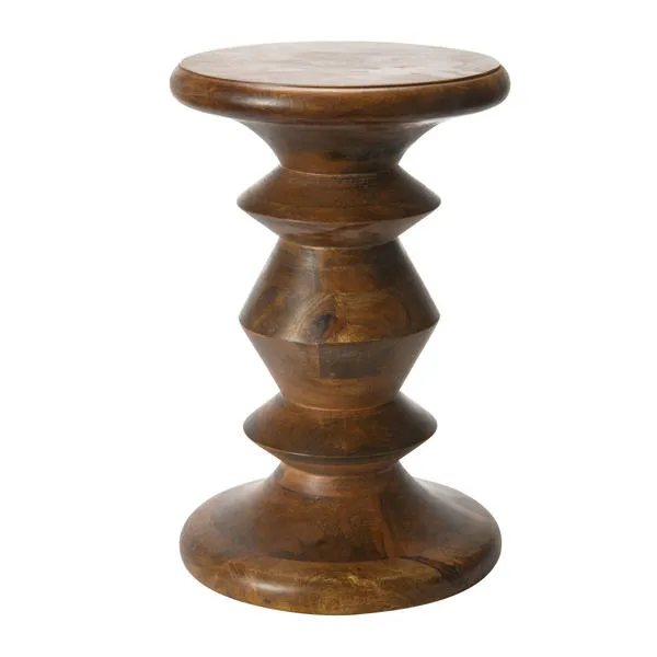 Sable turned wood end table with lathe-turned geometric silhouette in brown walnut finish
