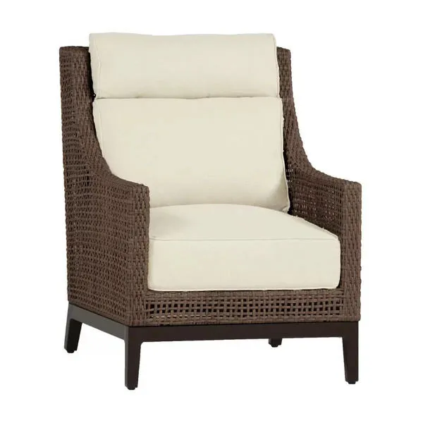 Woven mahogany outdoor lounge chair with beige cushions and open weave design on the arms and back