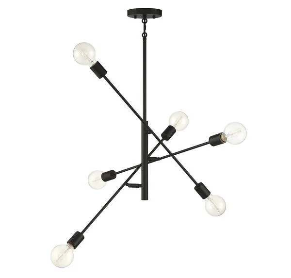 Bradley 6 Light Adjustable Chandelier with matte black finish and exposed round bulbs on adjustable arms