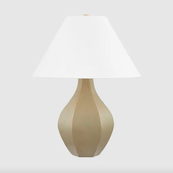 Front view of lamp with beige ceramic base and smooth white linen shade against plain background