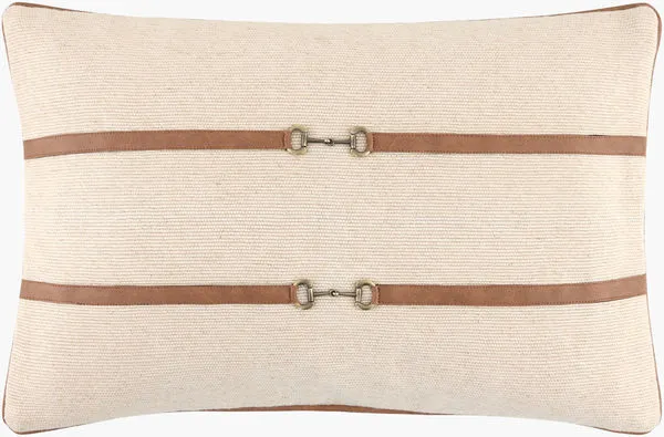 Rectangular chestnut and cream accent pillow with vegan leather buckle straps and textured linen blend fabric