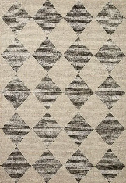 Francis Beige / Charcoal Rug with diamond and grid pattern in neutral beige and charcoal hues, made of 100% wool.