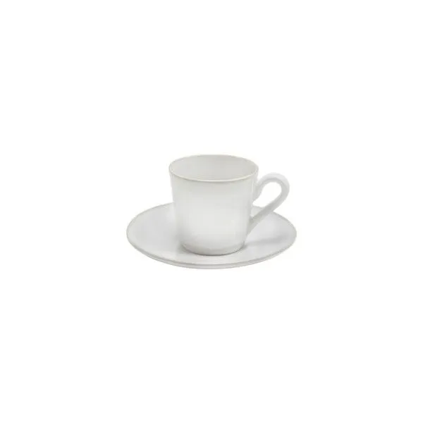 White and cream ceramic stoneware coffee cup with curved handle on matching saucer, 3 oz capacity