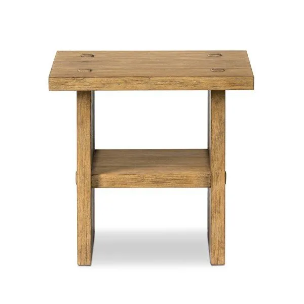 Zeno End Table in distressed light-finished oak with natural knots, paneled design, pull-through joinery, and lower shelf