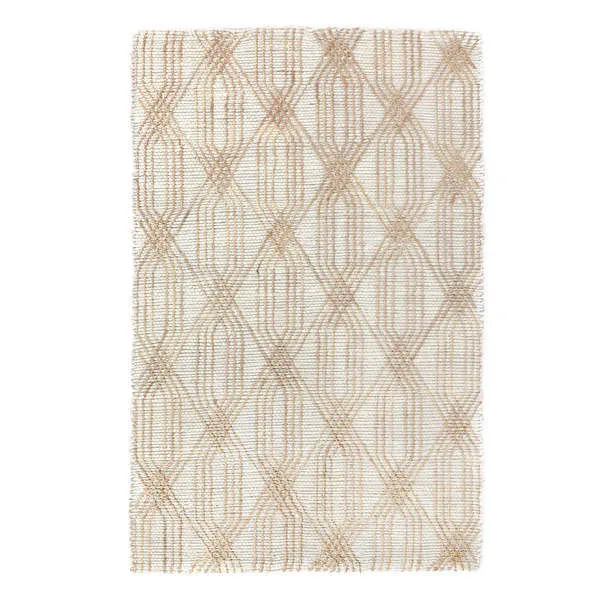 rectangular sandy color jute blend area rug with handwoven diamond-lattice pattern in natural tones