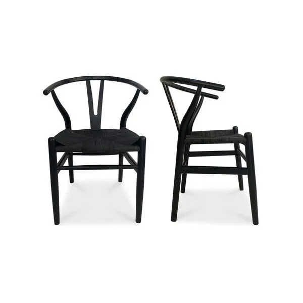 Set of two black Ventana dining chairs with curved open backs and woven fabric seats made from solid elm wood