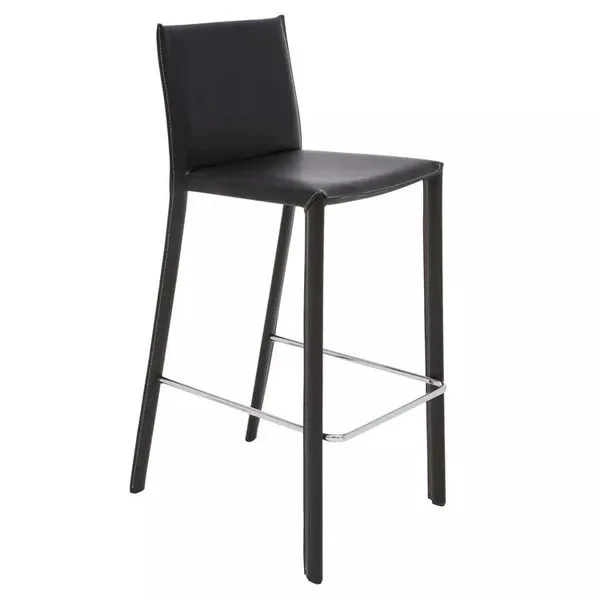 Black Bridget Bar Stool with sleek wood frame, padded backrest and seat, and chrome footrest.