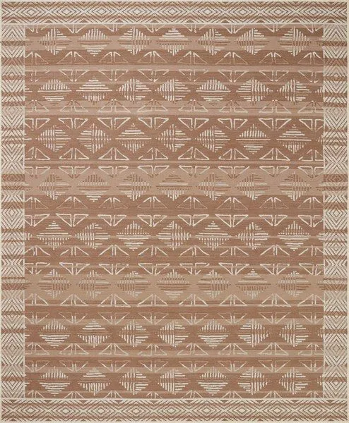 Ari Natural Ivory Rug with geometric tribal patterns in ivory on a warm natural beige background, bordered with diamond mo...