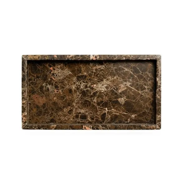 Rectangular Brown Emperador marble tray with rich warm veining and raised edges, flat surface