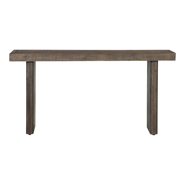 Monterey console table in matte driftwood finish with solid-panel base and clean rustic lines