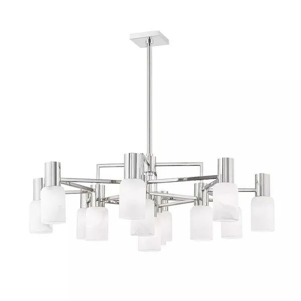 Centerport 12 Light Chandelier with chrome frame and frosted glass cylindrical shades