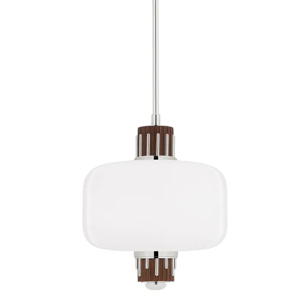 modern pendant light with frosted white rectangular glass shade and light walnut wood accents on top and bottom