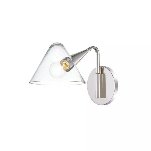 Isabella 1 Light Wall Sconce with brushed nickel finish and clear conical glass shade showcasing exposed bulb design