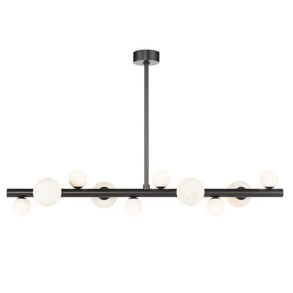 Styx Chandelier with alabaster stone orbs on a horizontal black metal base with a central rod mount