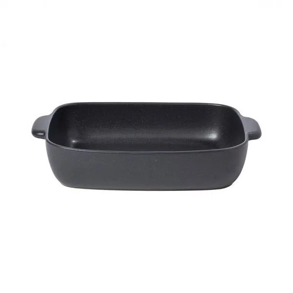 Rectangular seed grey stoneware baker with handles, smooth matte finish, deep interior for casseroles