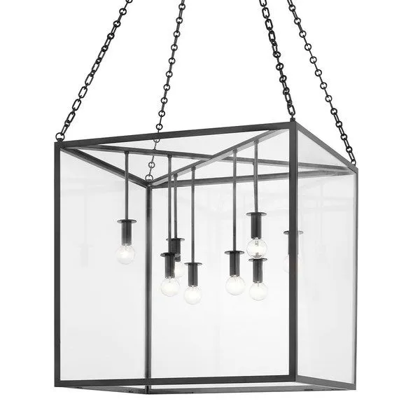 Large Catskill pendant chandelier with eight exposed bulbs in a cube-shaped steel frame suspended by black chains