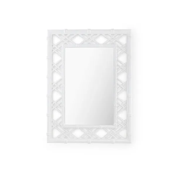 Rectangular Clara Mirror with ghost white open lattice frame and smooth reflective glass