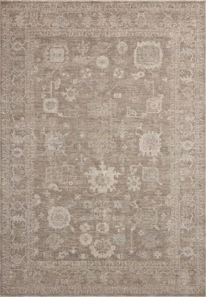 Traditional Turkish-style area rug in taupe and ivory with soft, muted floral and geometric patterns