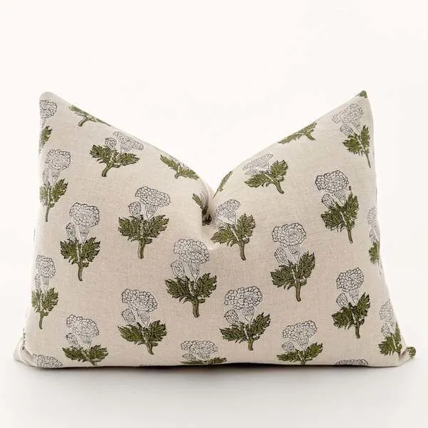 neutral linen pillow cover with green and white wild flower block print pattern