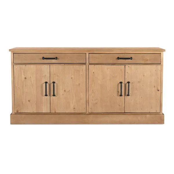 Tade 2 drawer sideboard in light wood with flat top, two doors and metal handles, no legs base